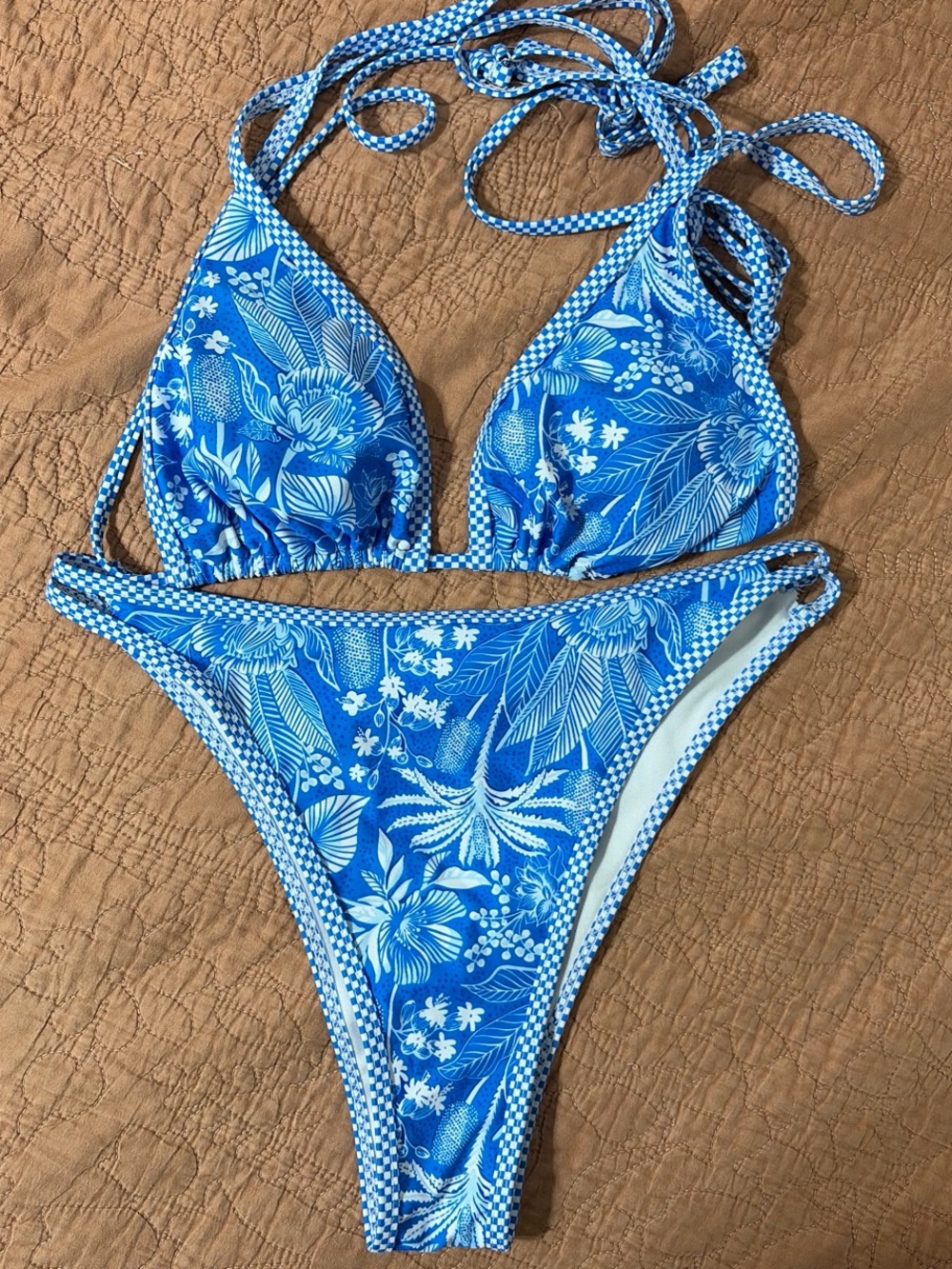 Blue Floral Print Triangle Bikini Set